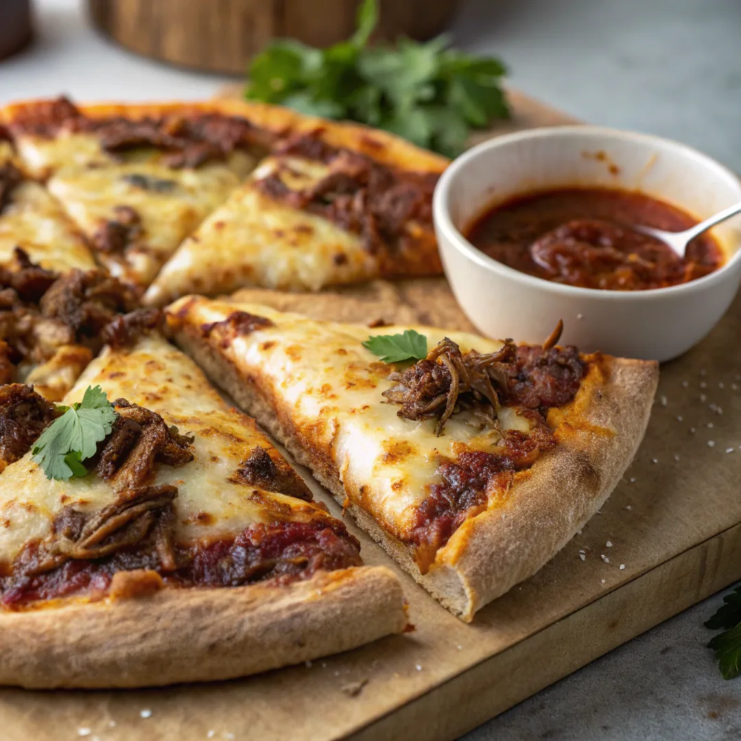 Freshly baked birria pizza with crispy crust and melted cheese