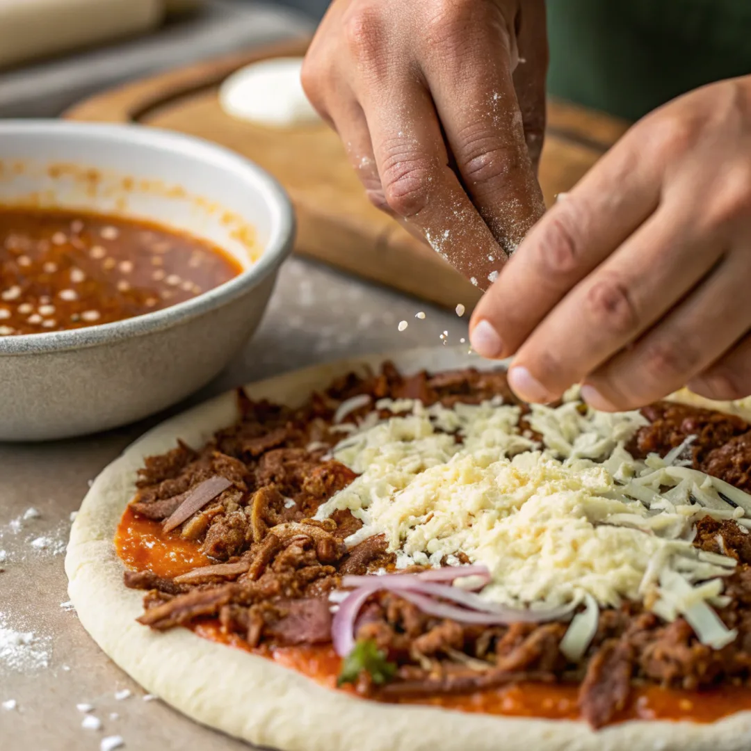 Assembling birria pizza with cheese and birria meat