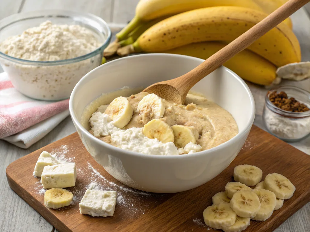 Cottage cheese banana bread batter being mixed