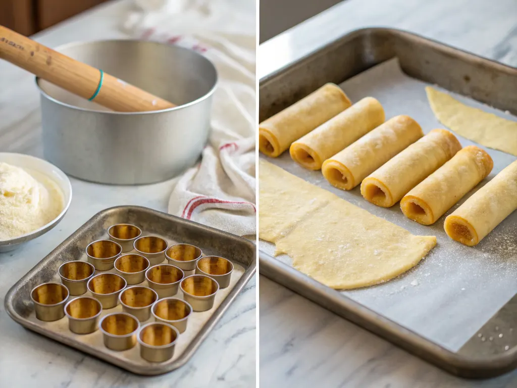 Step-by-step process of rolling, shaping, and frying crispy cannoli shells.