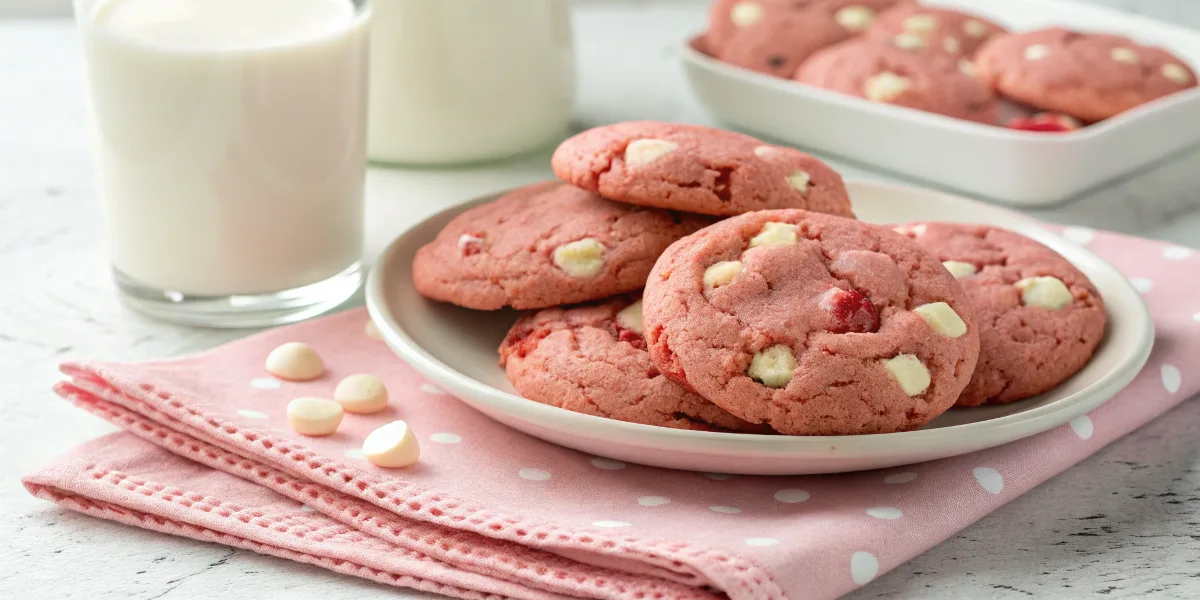 Soft and chewy strawberry cake mix cookies on a plate