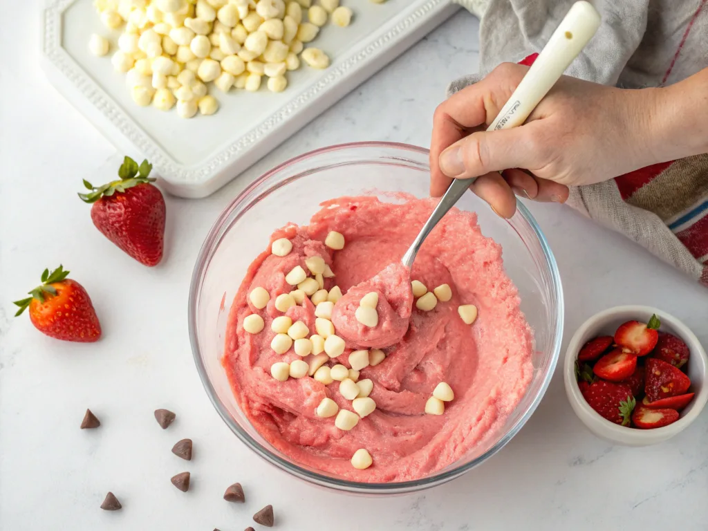 Mixing strawberry cake mix cookie dough with white chocolate chips