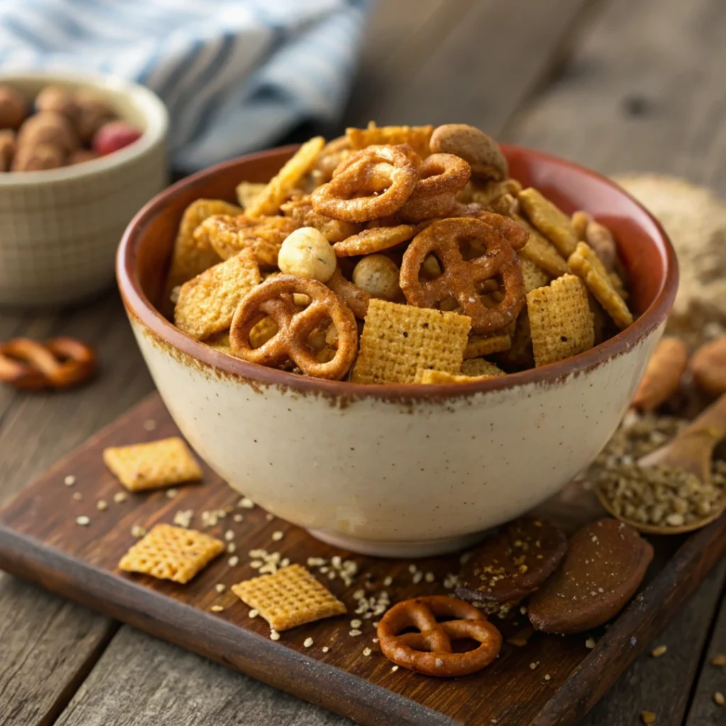 Crispy homemade Chex Mix recipe oven-baked with pretzels and nuts.