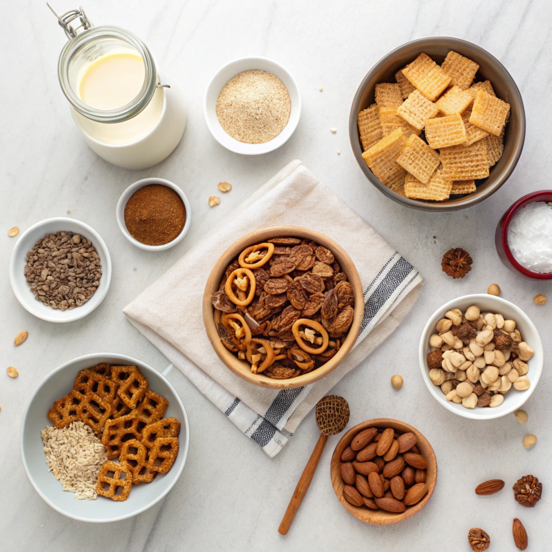 Ingredients for homemade Chex Mix recipe oven-baked