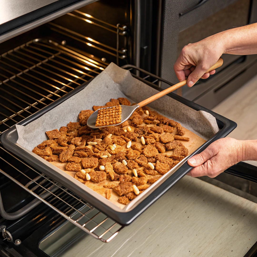 Stirring homemade Chex Mix recipe in the oven.