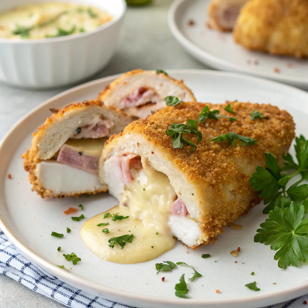 Sliced chicken cordon bleu air fryer style with golden breadcrumbs