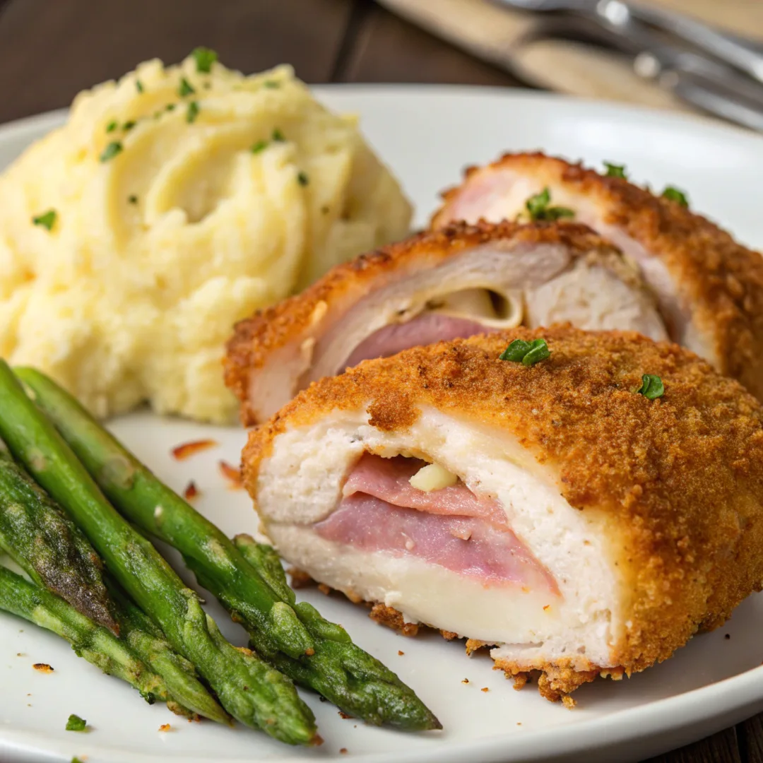 Crispy chicken cordon bleu air fryer with melted Swiss cheese and ham