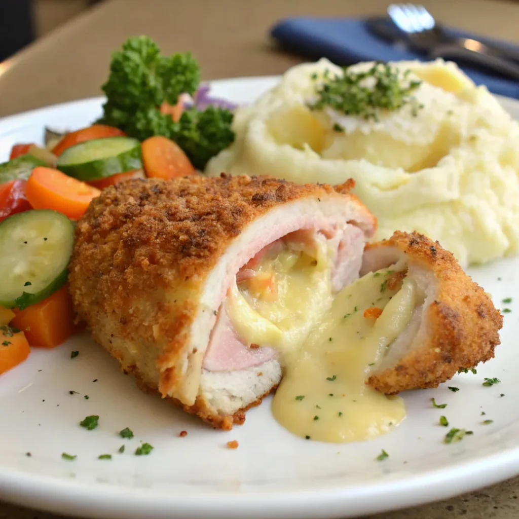 Chicken Cordon Bleu Sides with mashed potatoes and steamed vegetables