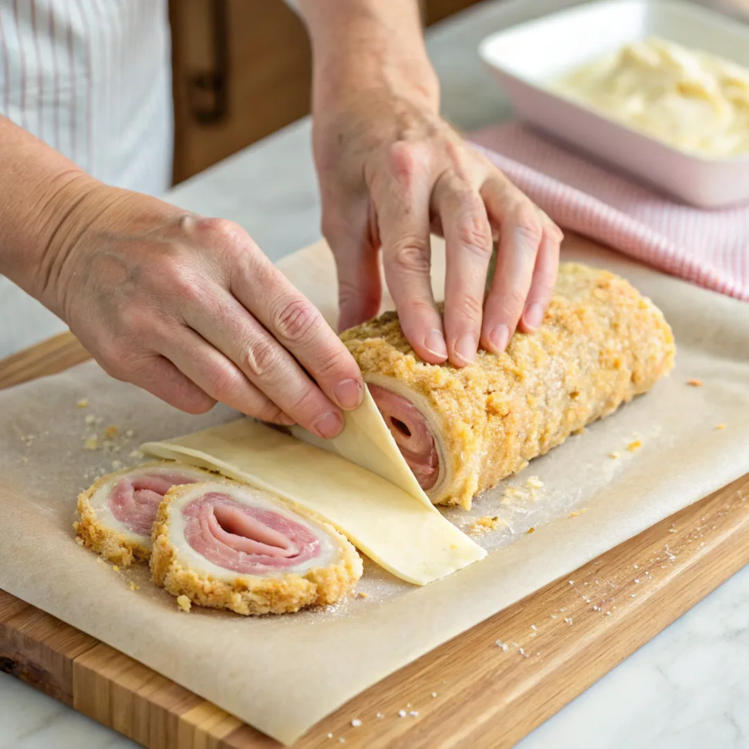 Rolling Chicken Cordon Bleu Meatloaf with ham and cheese