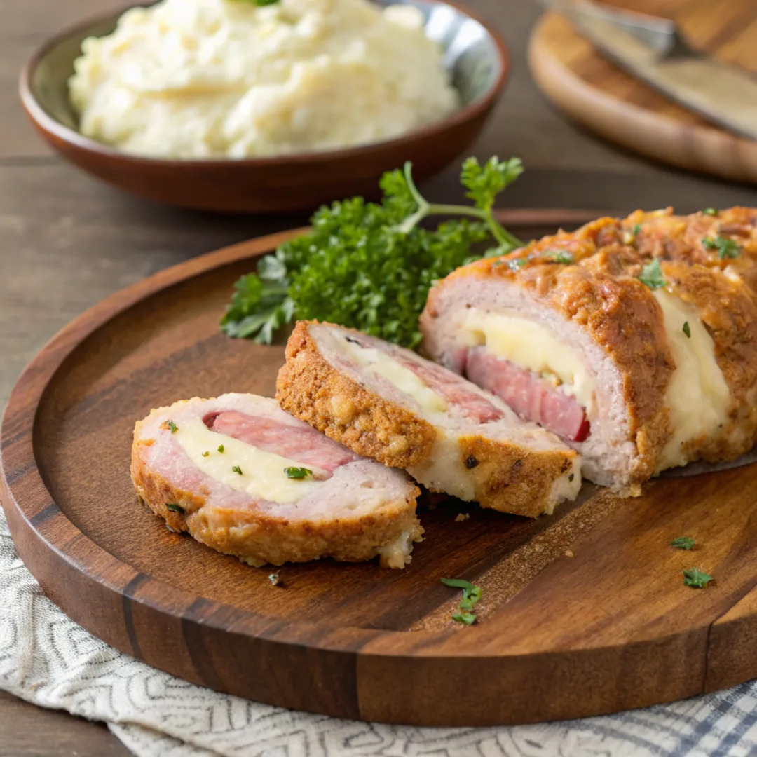 Chicken Cordon Bleu Meatloaf sliced with melted cheese and ham