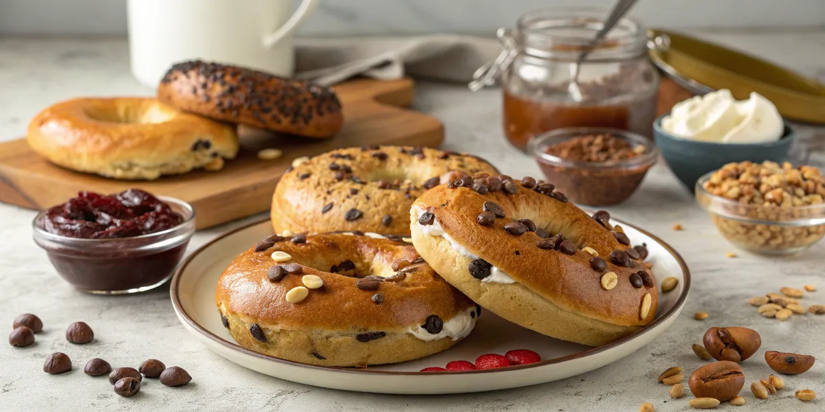 Freshly baked chocolate chip bagels on a wooden board.