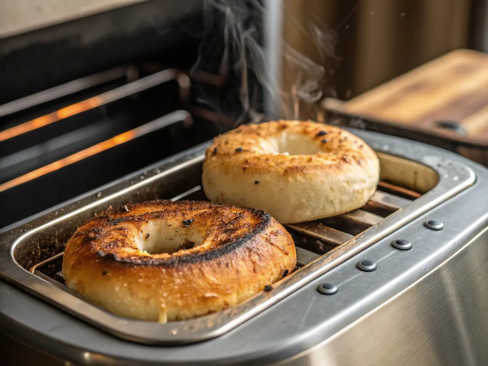 Toasting a chocolate chip bagel for a warm and crispy texture.