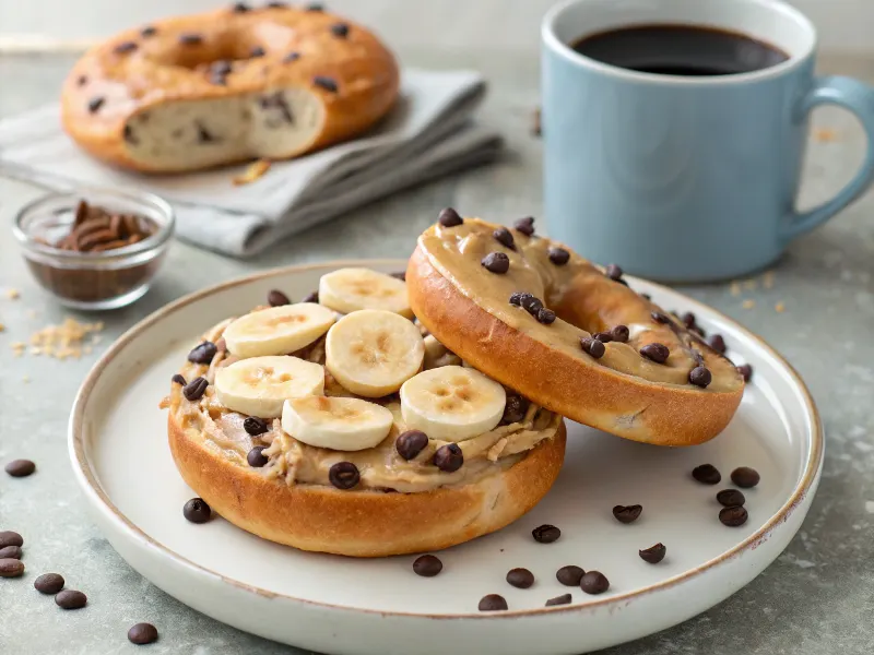 Chocolate chip bagel topped with peanut butter and banana slices.