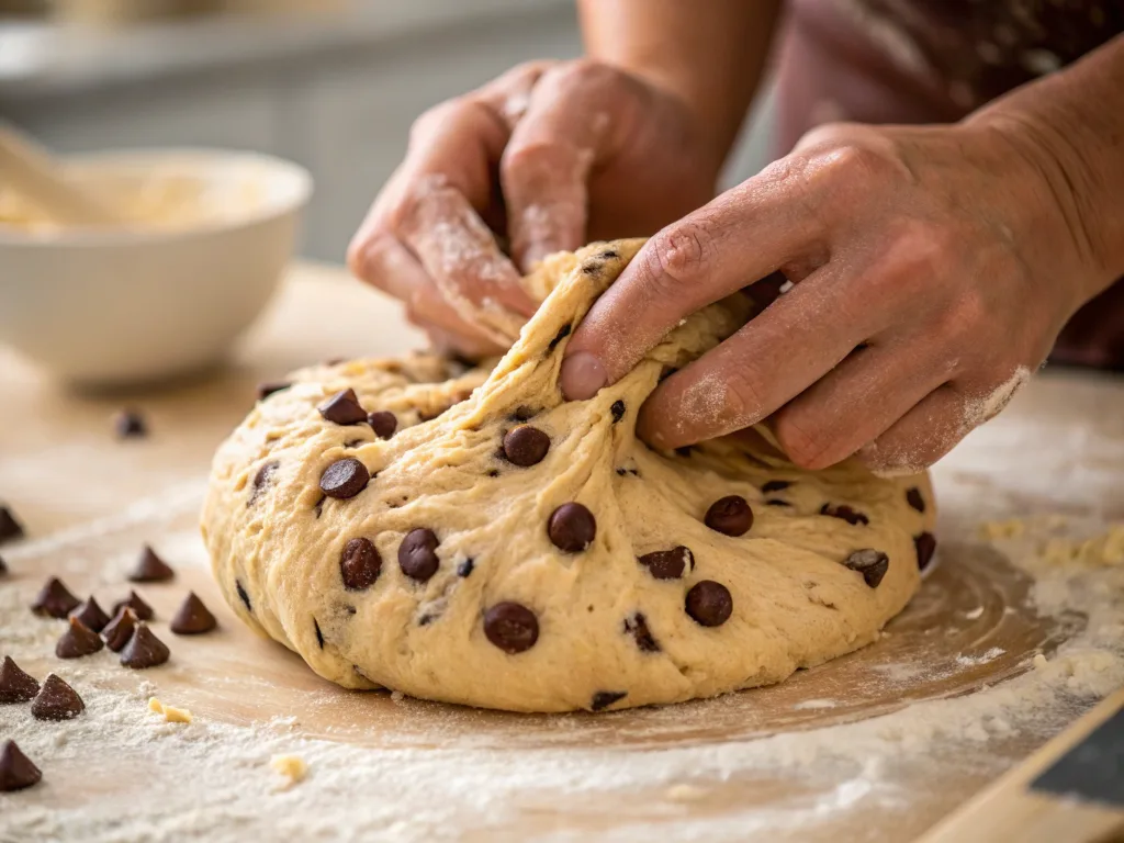 Kneading chocolate chip bagel dough by hand.