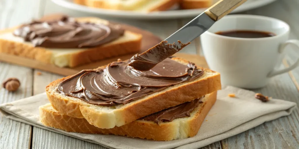 Chocolate butter spread on toast with a butter knife