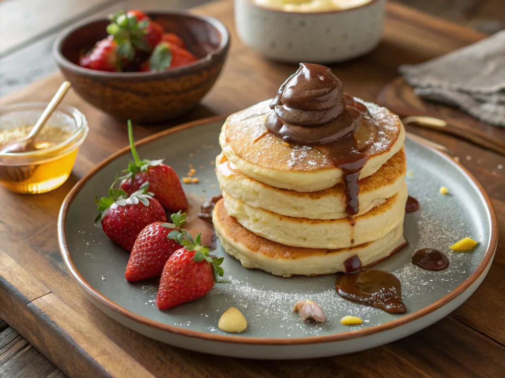 Chocolate butter melting on a stack of pancakes