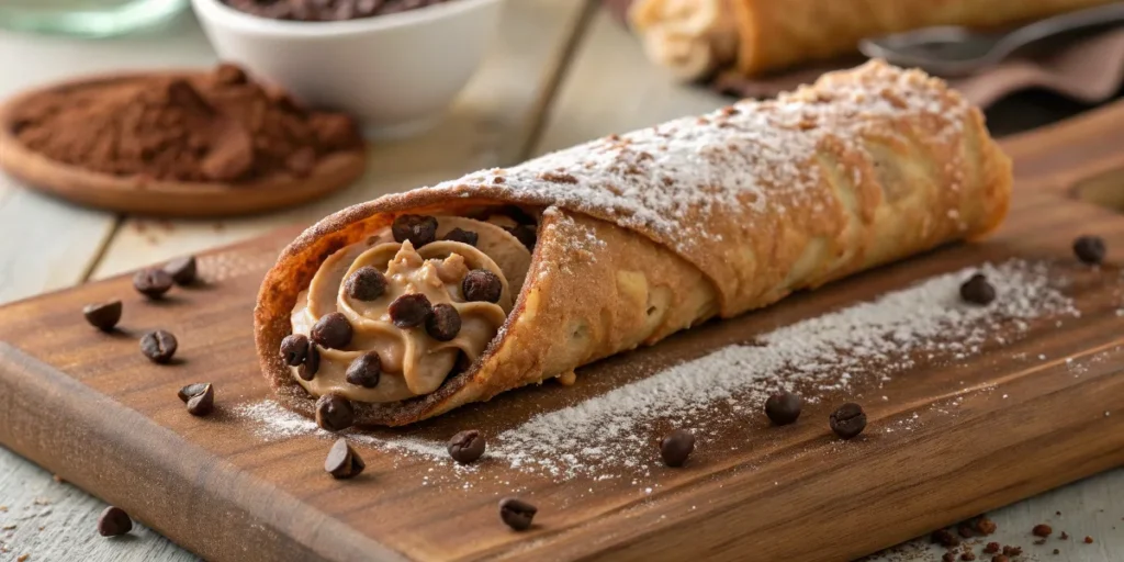 Close-up of a crispy chocolate cannoli filled with creamy chocolate ricotta, dusted with powdered sugar.