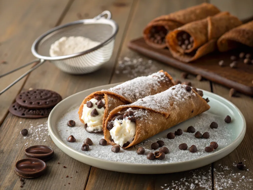 A plate of freshly filled chocolate cannoli with one broken open to reveal the creamy filling.