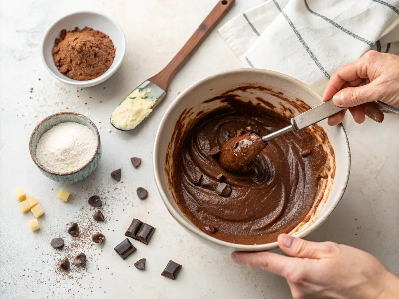 Chocolate ricotta filling being mixed with melted chocolate for cannoli.