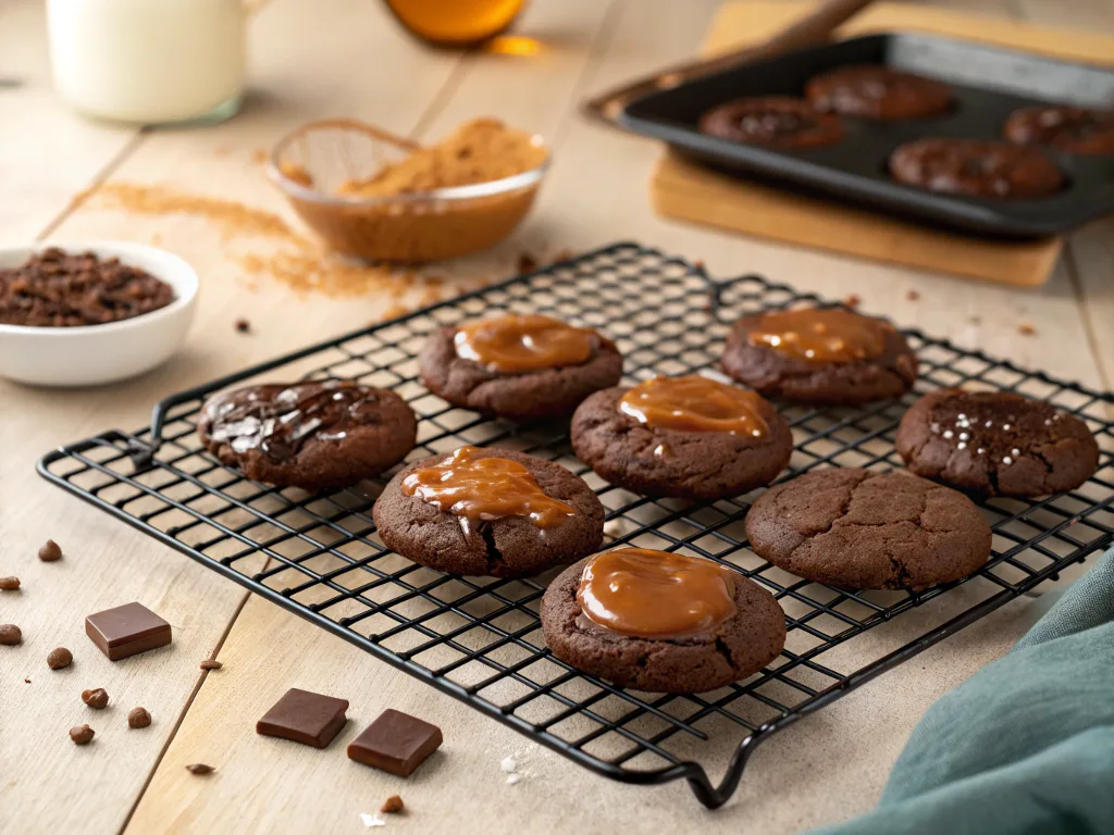 Freshly baked chocolate caramel cookies cooling on a wire rack.