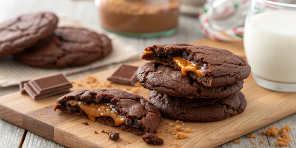 A stack of soft, chewy chocolate caramel cookies with gooey caramel filling.