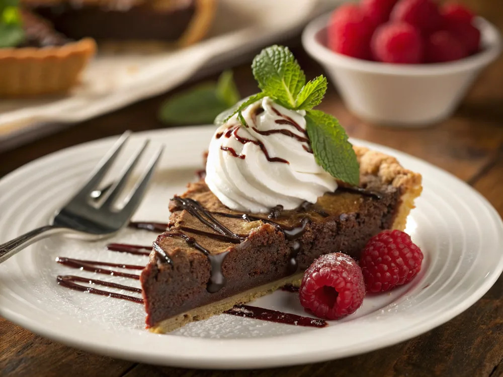 Angus Barn Chocolate Chess Pie slice with whipped cream and berries – best serving ideas.