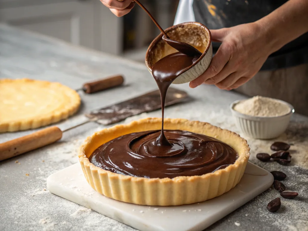 Pouring chocolate filling into a pie crust – making an Angus Barn Chocolate Chess Pie.