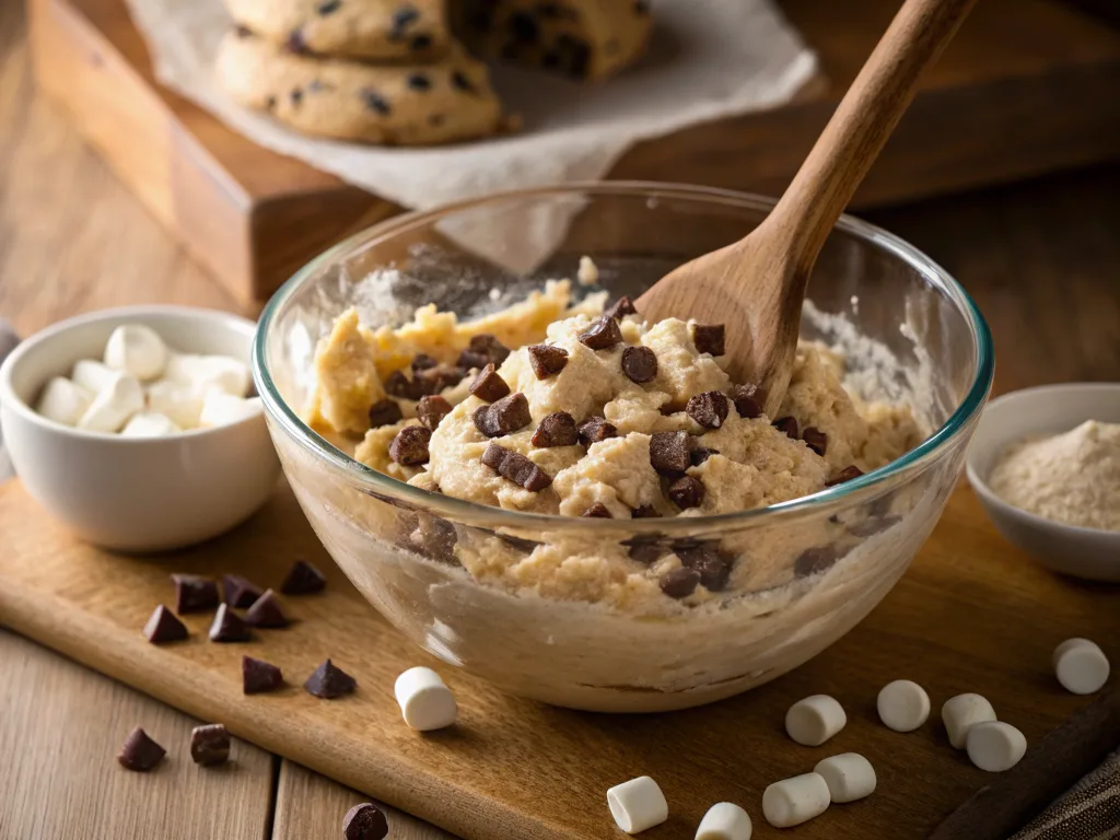 Cookie dough mixed with chocolate chips and marshmallows