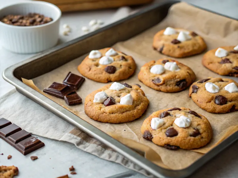 Freshly baked chocolate chip marshmallow cookies on a tray