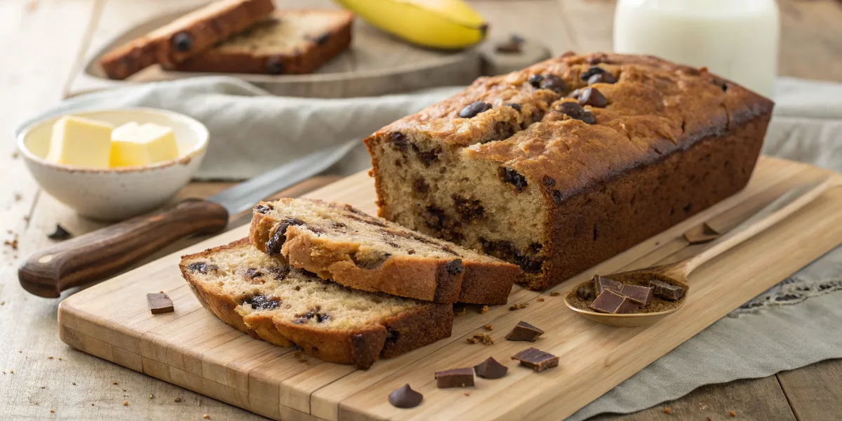 Freshly baked chocolate chunk banana bread with gooey melted chocolate chunks.