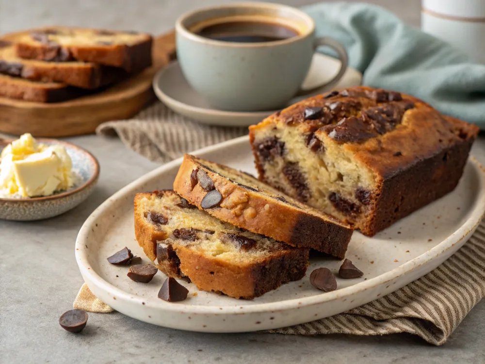 Slices of chocolate chunk banana bread with butter on a plate.