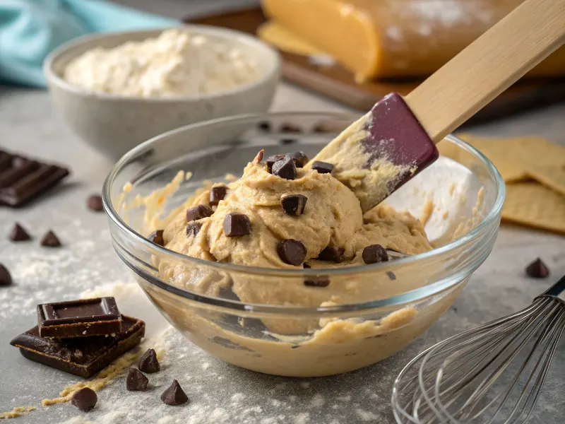 Chocolate chunk banana bread batter being mixed in a glass bowl.