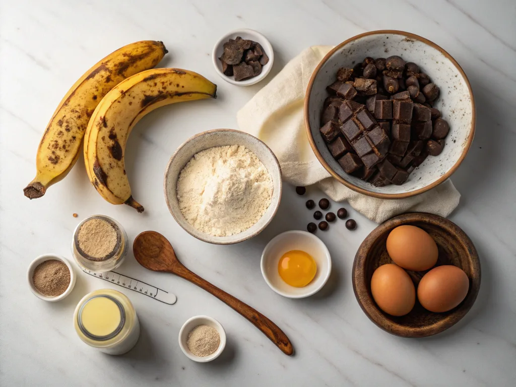 Ingredients for making chocolate chunk banana bread, including ripe bananas and chocolate chunks.