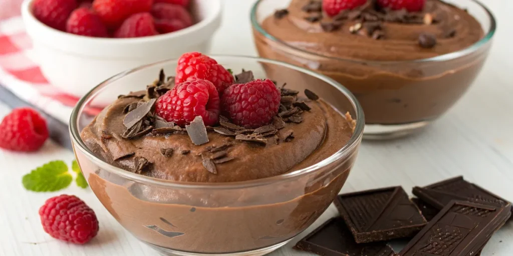 Silky chocolate crémeux garnished with chocolate shavings and raspberries