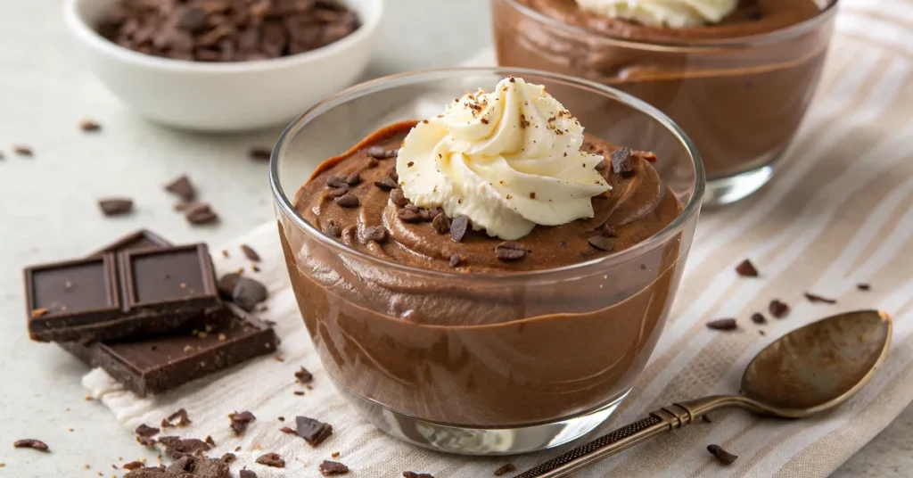 3 ingredient chocolate mousse in a glass cup with whipped cream.