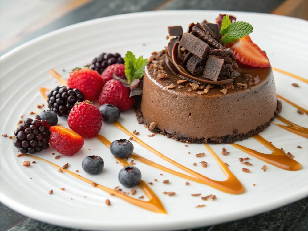 Chocolate mousse with berries and chocolate shavings.