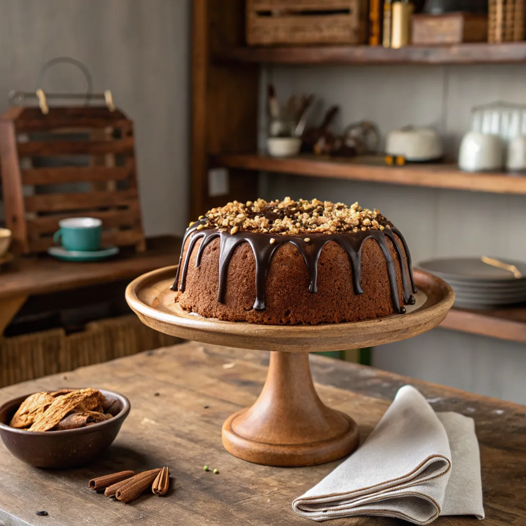 Fully decorated chocolate cream cheese pound cake with ganache and hazelnuts