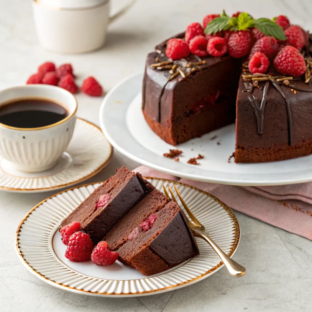 Chocolate pound cake slice with ganache and raspberries