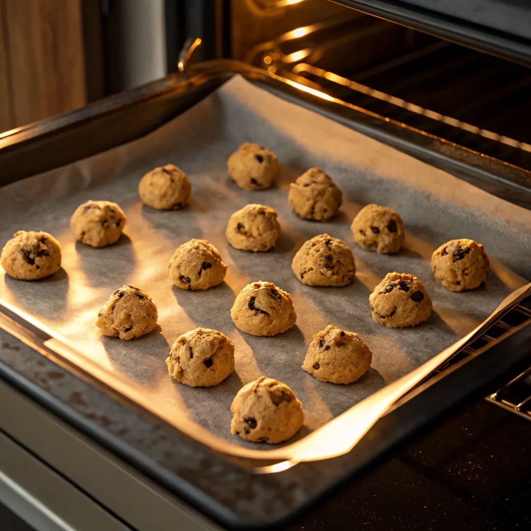 Chick-fil-A cookies baking inside an oven with chocolate chunks melting