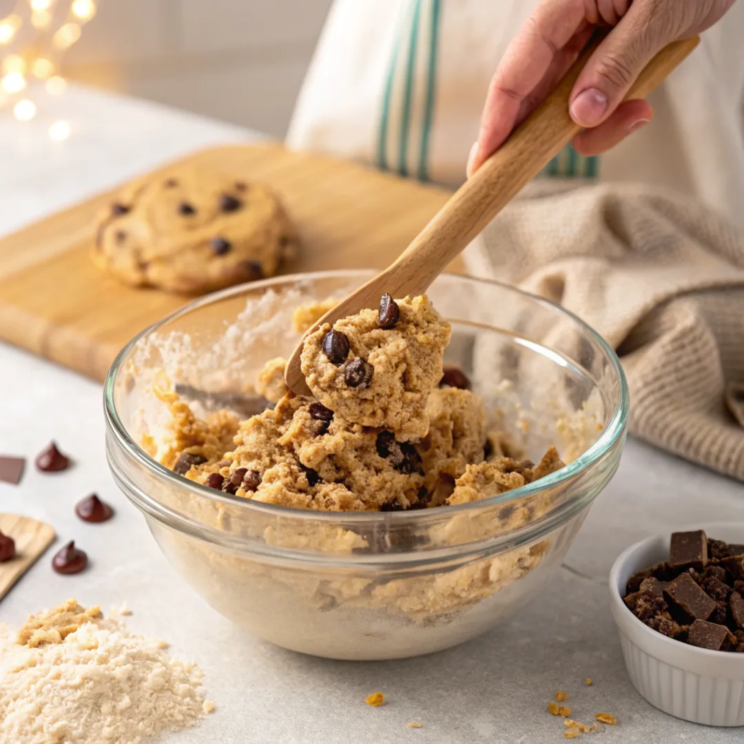 Chick-fil-A cookie dough being mixed in a bowl with chocolate chunks and oats