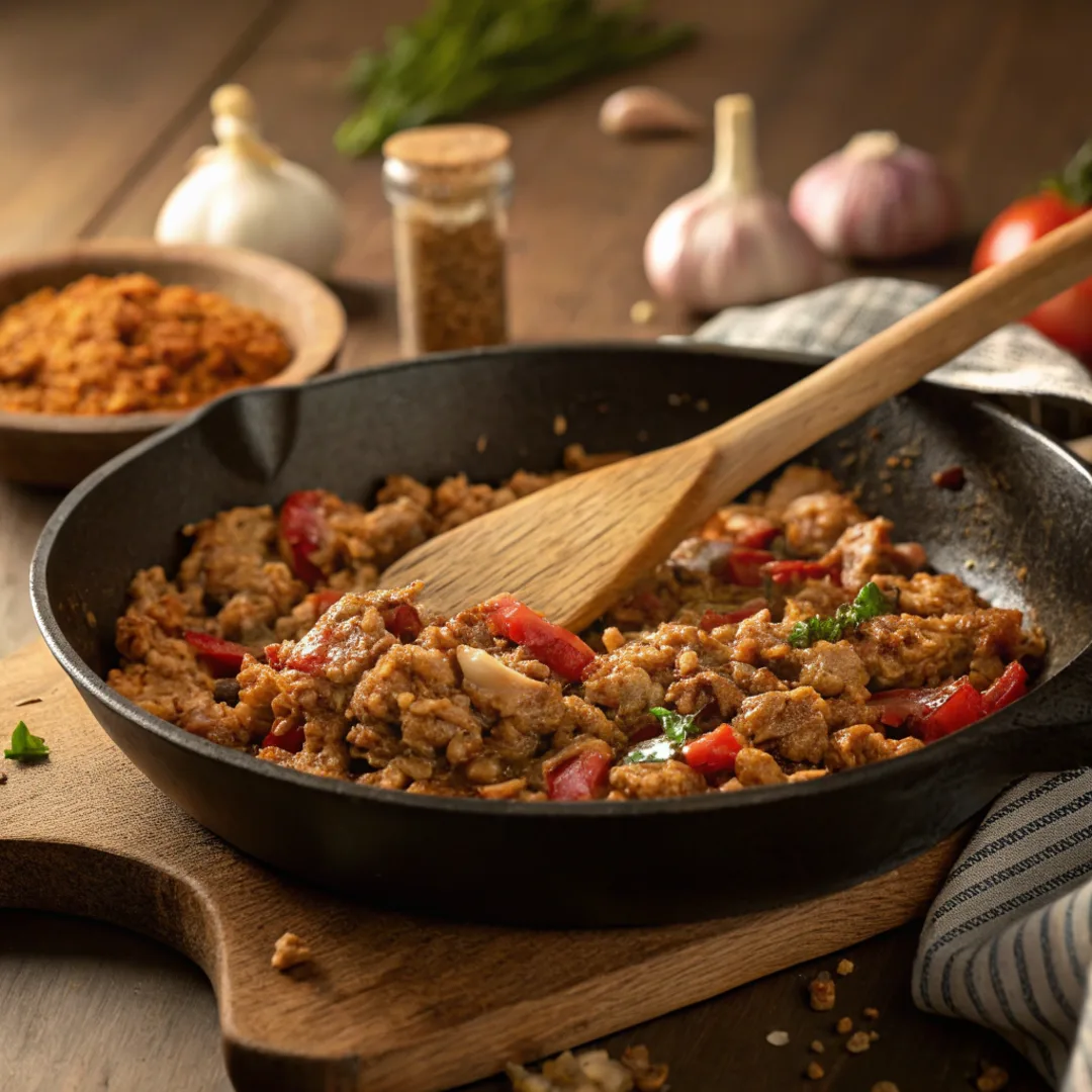 cooking ground chicken in a pan with spices