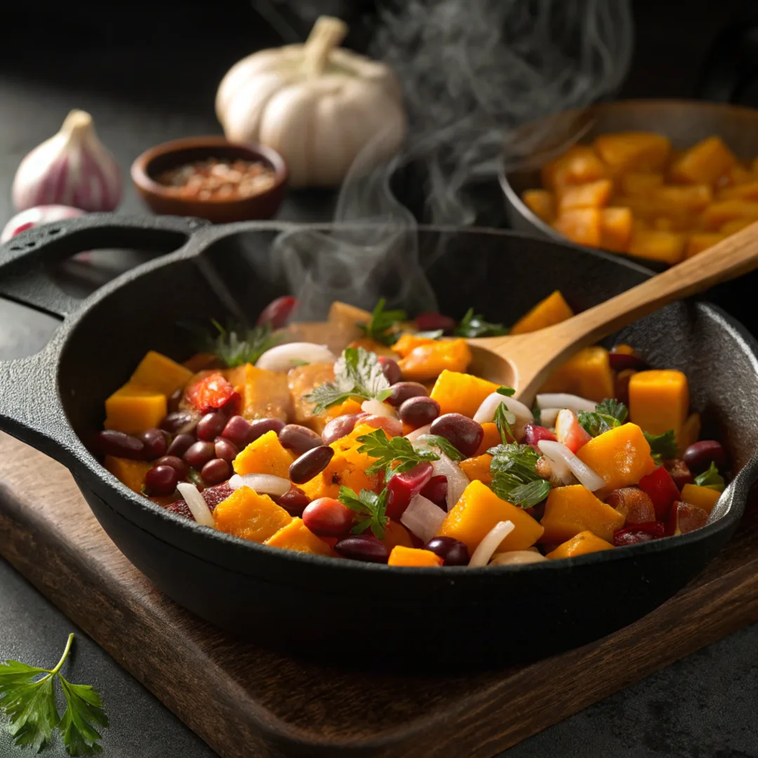 Cooking squash and kidney beans with onions and tomatoes