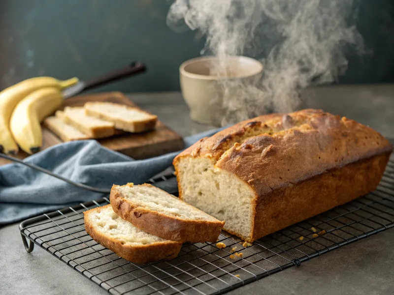 Freshly baked cottage cheese banana bread cooling on a rack