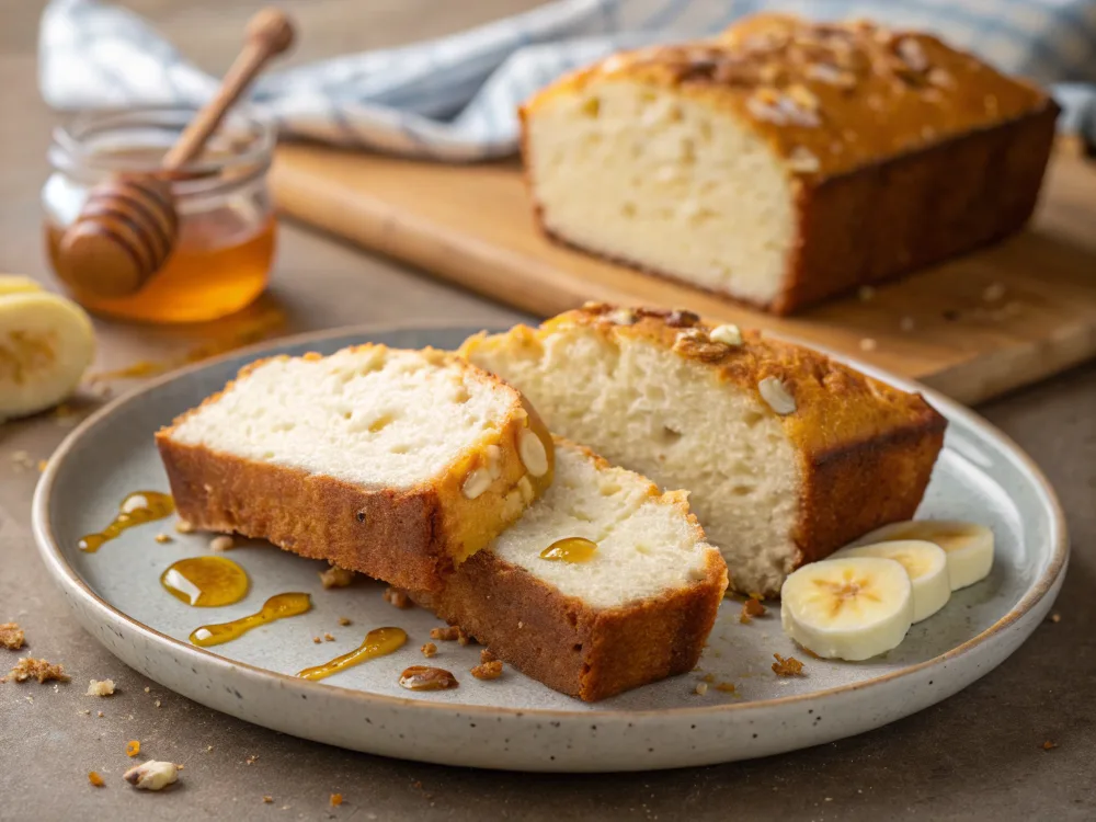 Sliced cottage cheese banana bread with honey drizzle