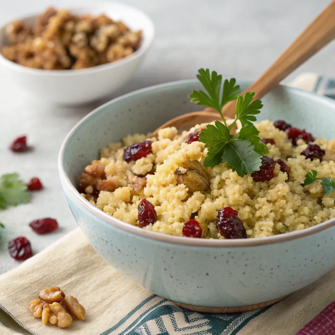 Cranberry walnut couscous in a bowl