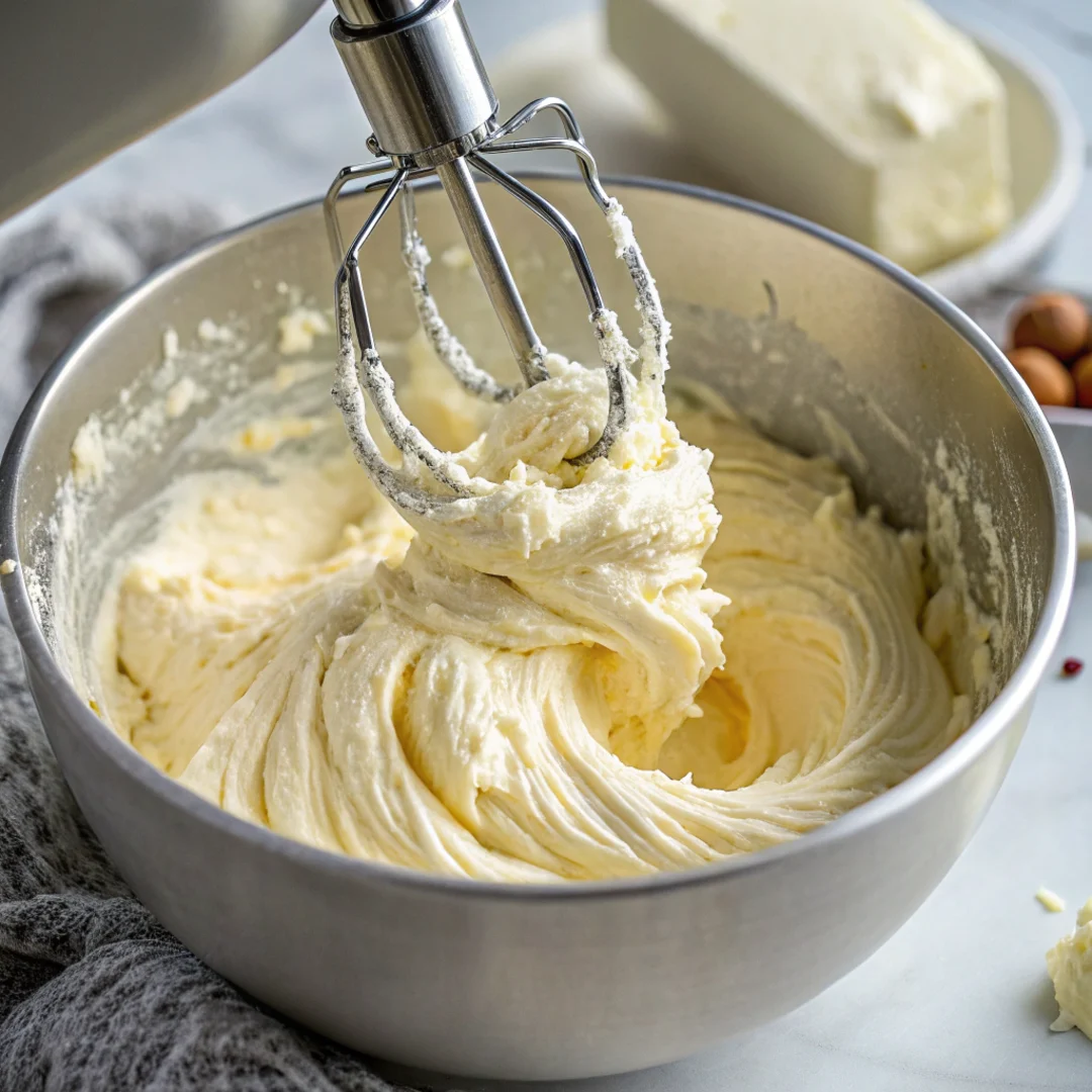 Creaming butter, cream cheese, and sugar for a moist pound cake