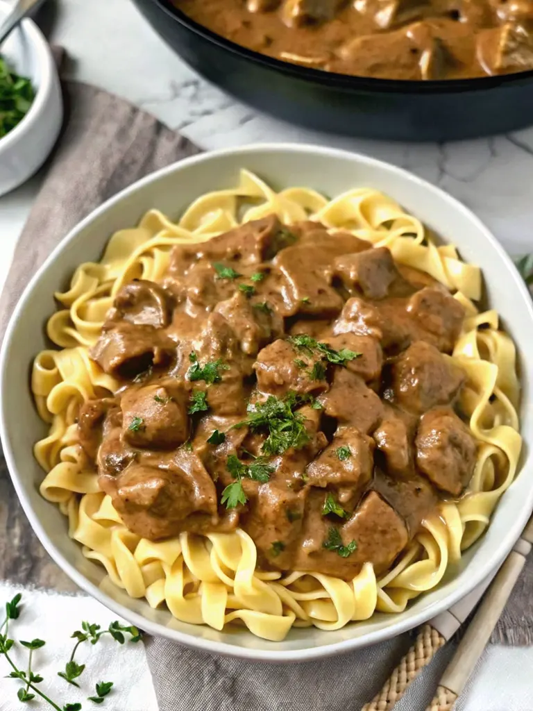 Thoroughly mixed stroganoff sauce with vegan sour cream achieving a creamy texture.