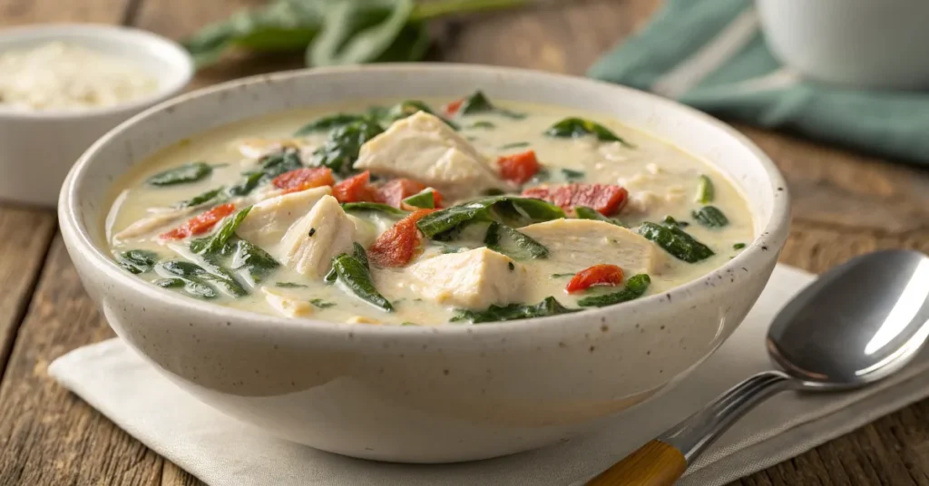 Chicken Florentine Soup in a bowl with fresh spinach and chicken.