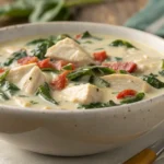 Chicken Florentine Soup in a bowl with fresh spinach and chicken.