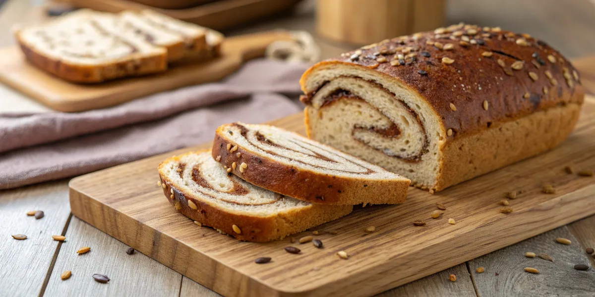 Freshly sliced marble rye bread with a signature swirl pattern.